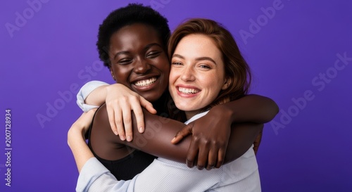 Portrait of two diverse young women friends embracing each other with genuine smiles and positive emotions against a vibrant purple background