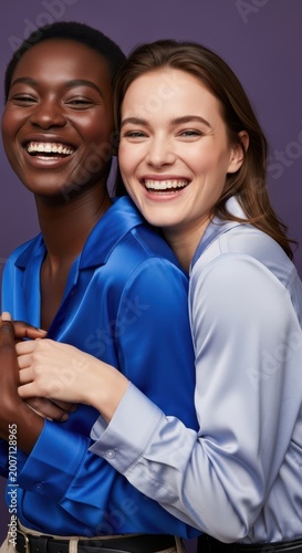 Joyful diverse women embracing, showcasing genuine happiness and connection with radiant smiles against a soft purple backdrop