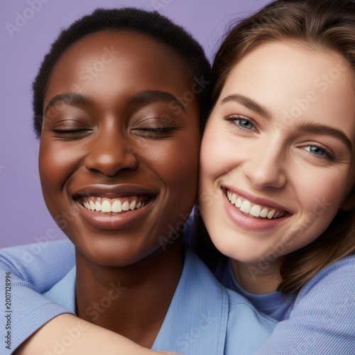 Diverse Young Women Embracing Each Other with Radiant Smiles and Natural Beauty in a Close Up Portrait against a Soft Purple Background