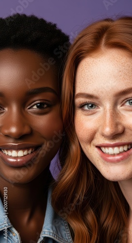 Close-up portrait of two diverse female friends smiling together against a solid purple studio background