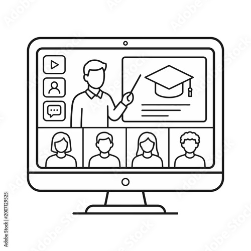 Engaging online learning session with a teacher lecturing multiple students via video conference, symbolizing modern remote education technology
