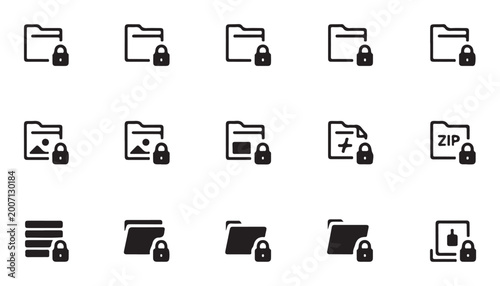 Encrypted file storage and folder protection solid icons for corporate security and data management.