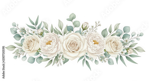 Beautiful floral arrangement with white roses and green leaves isolated on transparent background for wedding or event decoration