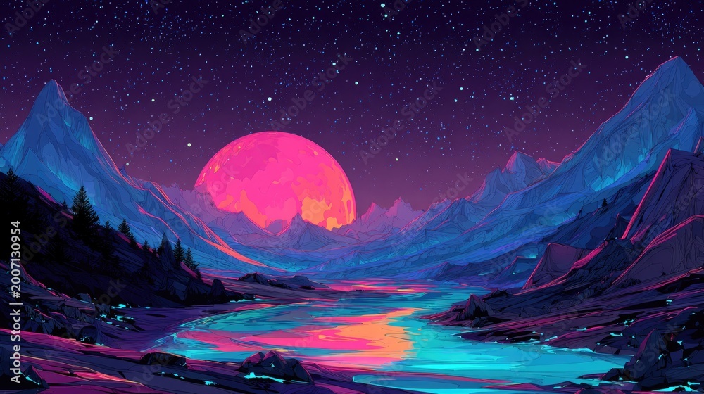 Fototapeta premium Vibrant Retro Sunset Over Mountain Valley River.