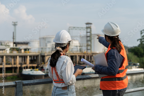 Foto Two engineers stand by a railing, pointing at industrial facilities