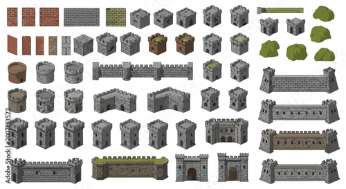 Fotografie Isometric medieval castle constructor kit, stone fortress walls and towers vecto