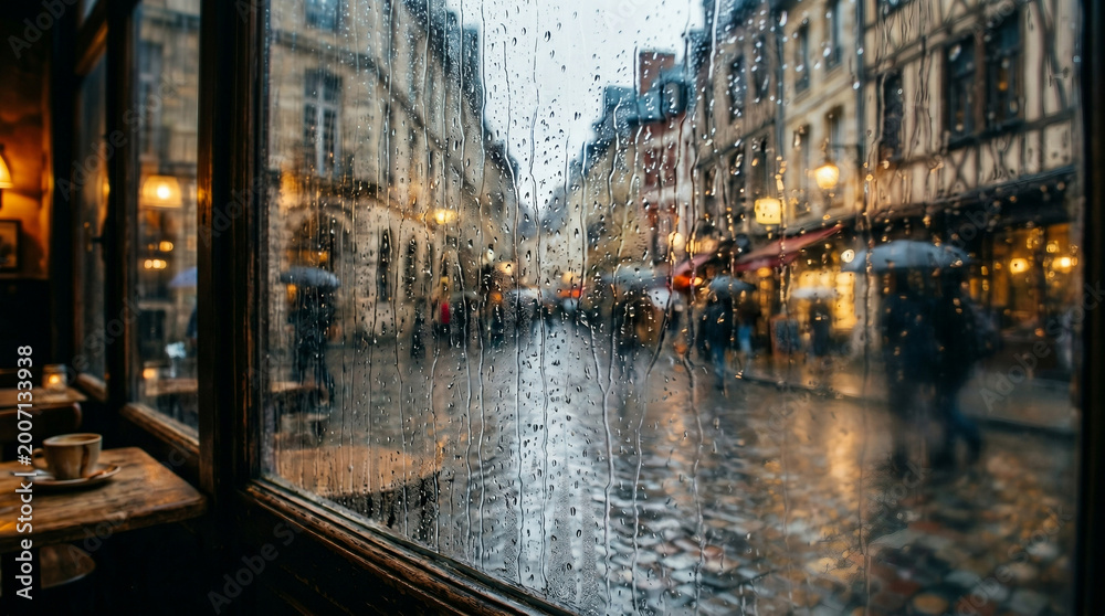 Fototapeta premium Rainy day view from a cozy cafe window onto a historic european street
