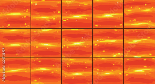 Foto Molten lava texture sprite sheet, seamless orange magma liquid animation frames,