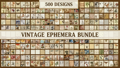 Vintage ephemera bundle with 500 designs, antique paper scrapbooking elements, retro botanical and butterfly illustrations, junk journal clipart collection
