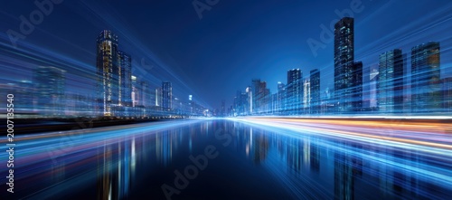 Abstract Cityscape at Night with Light Trails and Reflections.