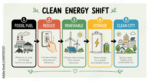 クリーンエネルギーへの移行を解説する環境インフォグラフィック、Clean Energy Transition Infographic Explaining Sustainable Shift
