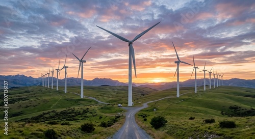 Wind turbines on green hills at sunset for renewable energy.