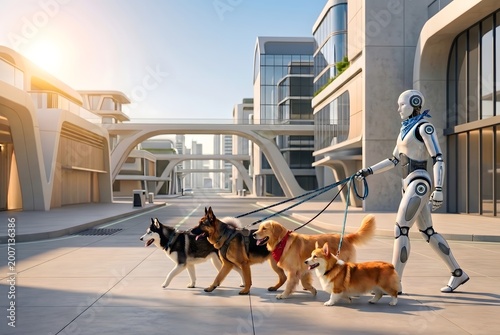 Humanoid robot walking multiple dogs in a futuristic smart city at sunset.