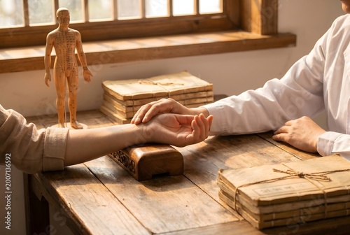 TCM doctor feeling patient's pulse for diagnosis in a vintage clinic