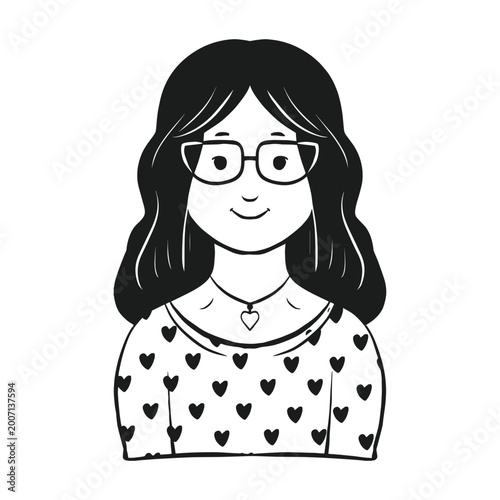 Black and white illustration of a smiling woman with glasses, long hair, and a heart-patterned shirt.