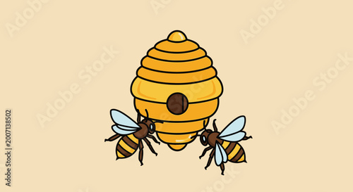 Photos Cartoon bees hovering around a yellow honeycomb illustration on beige background