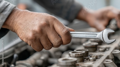 Detailed Repair of Engine with Wrench in Mechanical Workshop Showcasing Skilled Hand and Precision Tools for Engine Maintenance and Overhaul Procedures
