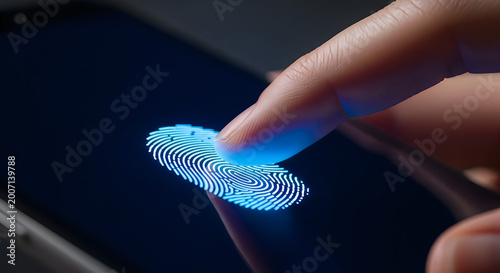 fingerprint scanning on smartphone with futuristic blue biometric glow