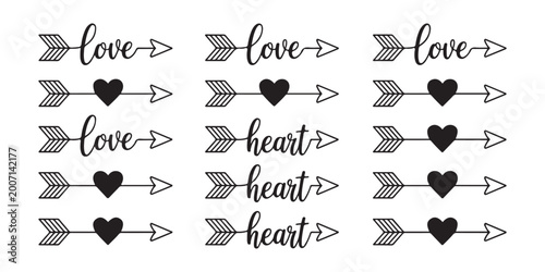 Arrow with heart and love text vector calligraphy set romantic elements for wedding cards or logos.