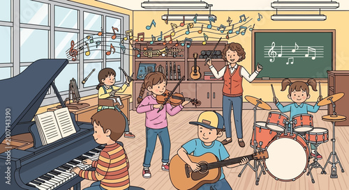Konstfotografi Children's Music Class: Kids Playing Instruments with Teacher in Classroom