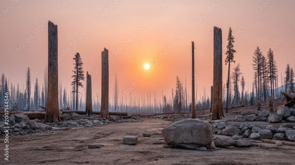 Obraz premium Blackened Trees in Aftermath of a Wildfire with Glowing Ash at Sunset, Dramatic Landscape of Nature Resilience and Regeneration Process