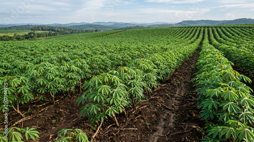 Expansive green cassava field stretching across rolling hills under a bright sky, showcasing agricultural bounty and rural landscape