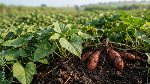 Sweet potato plants thrive in a fertile field, with freshly harvested tubers visible in the rich soil, symbolizing agricultural bounty and successful cultivation of healthy crops
