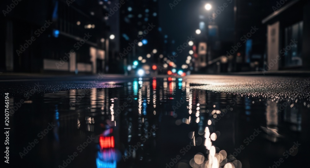 Obraz premium Night City Lights Reflecting on Wet Street