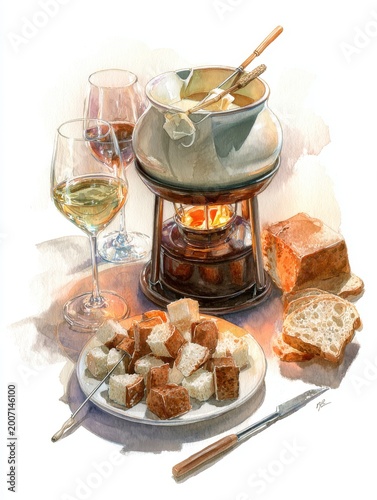 Cozy Cheese Fondue Meal With Bread And Wine On A Table