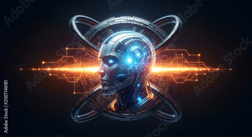 futuristic ai robot head with glowing neural network and digital circuits