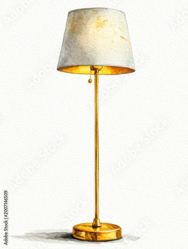 Elegant Golden Floor Lamp with White Textured Shade Illuminated Interior Warm Light Isolated White Background