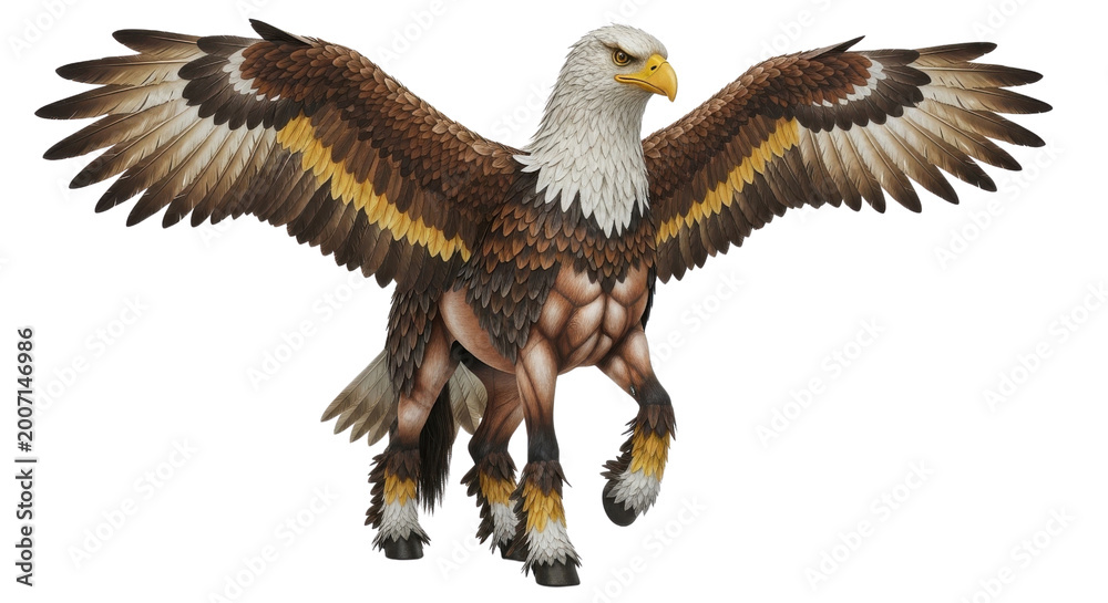 Obraz premium Majestic hippogriff mythical creature with eagle head and horse body, fantasy beast with spread wings, legendary griffin hybrid animal isolated PNG with Transparent Background