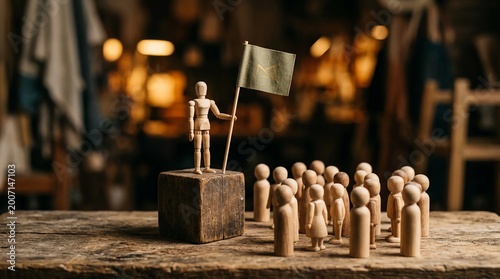 A person holding a flag leads a group of people standing on a wooden surface in a workshop.