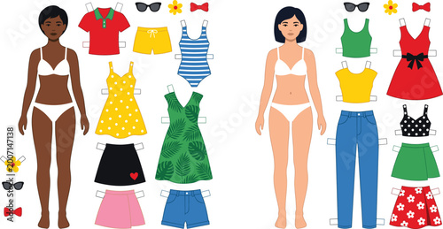 Photos Diverse Women Paper Doll Characters With Summer Fashion Outfits Set Vector Illus
