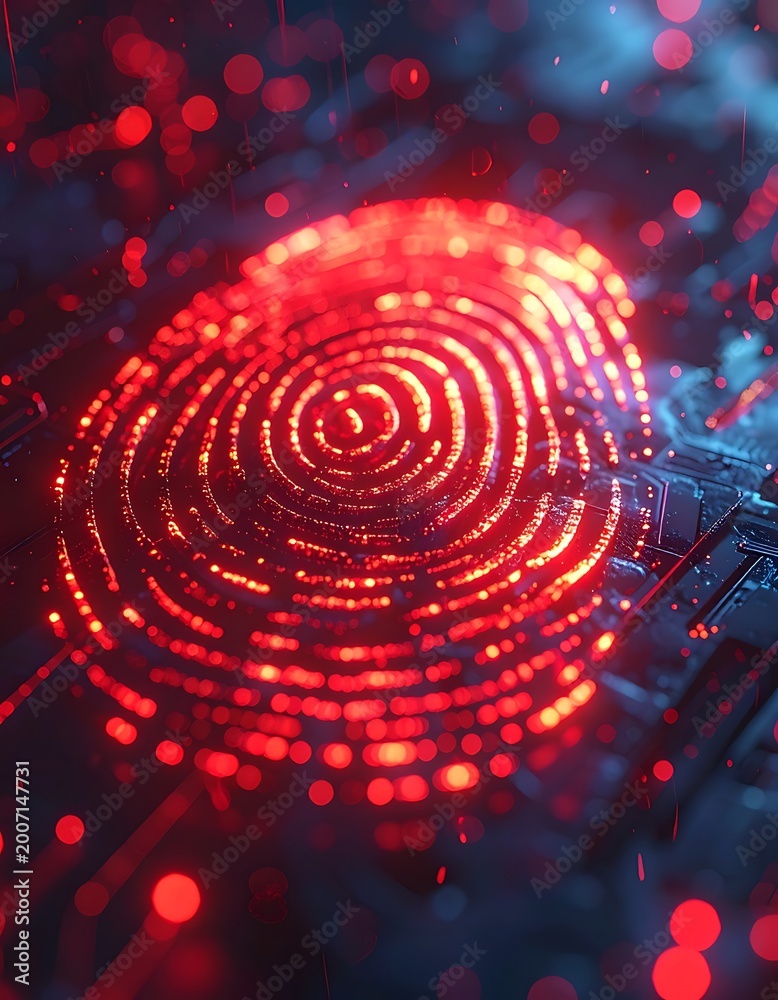 Fototapeta premium A vibrant red fingerprint-like pattern on a dark circuit background
