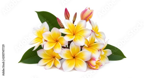 Cluster of Yellow and White Frangipani Flowers with Green Leaves