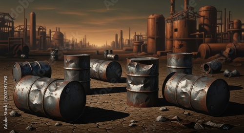 Rusty Abandoned Oil Drums in Industrial Wasteland Setting