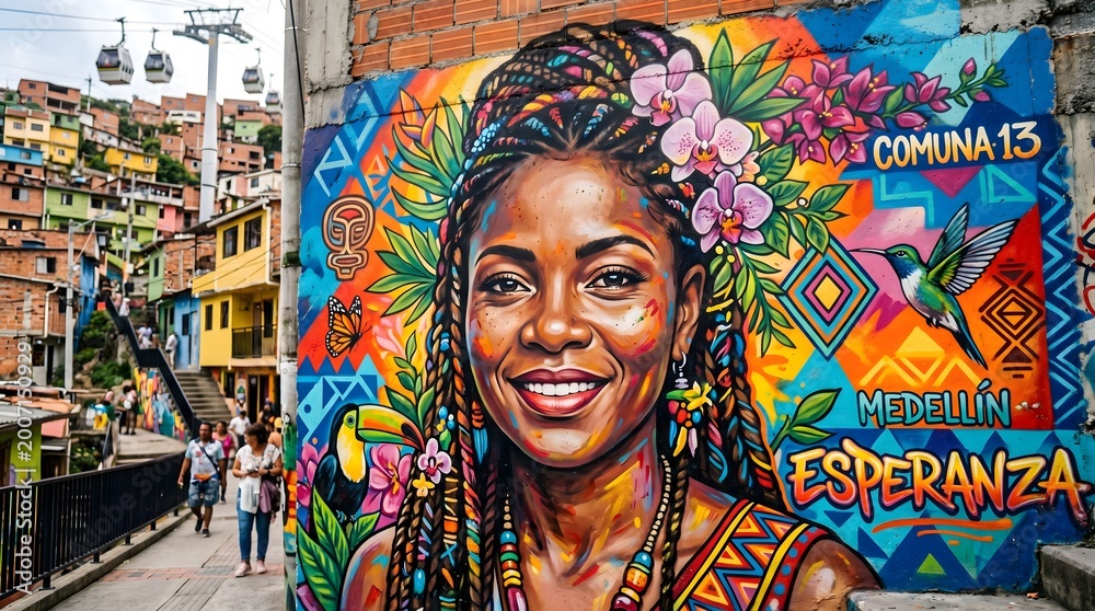 Fototapeta premium Vibrant Street Art Mural of a Smiling Afro-Colombian Woman in Comuna 13, Medellín, Colombia