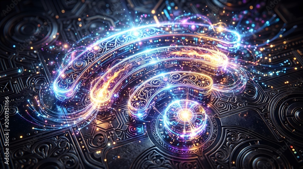 Obraz premium Futuristic Glowing Wi-Fi Symbol on Abstract Digital Circuit Board Background Representing Global Network Connectivity and Data Flow