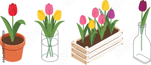 Foto Colorful tulip flowers vector illustration set in pots glass vase wooden planter