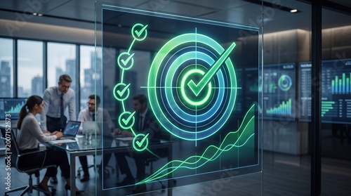 Business professionals collaborating in a modern office with digital graphs and checklists on a glass screen, illustrating growth metrics and