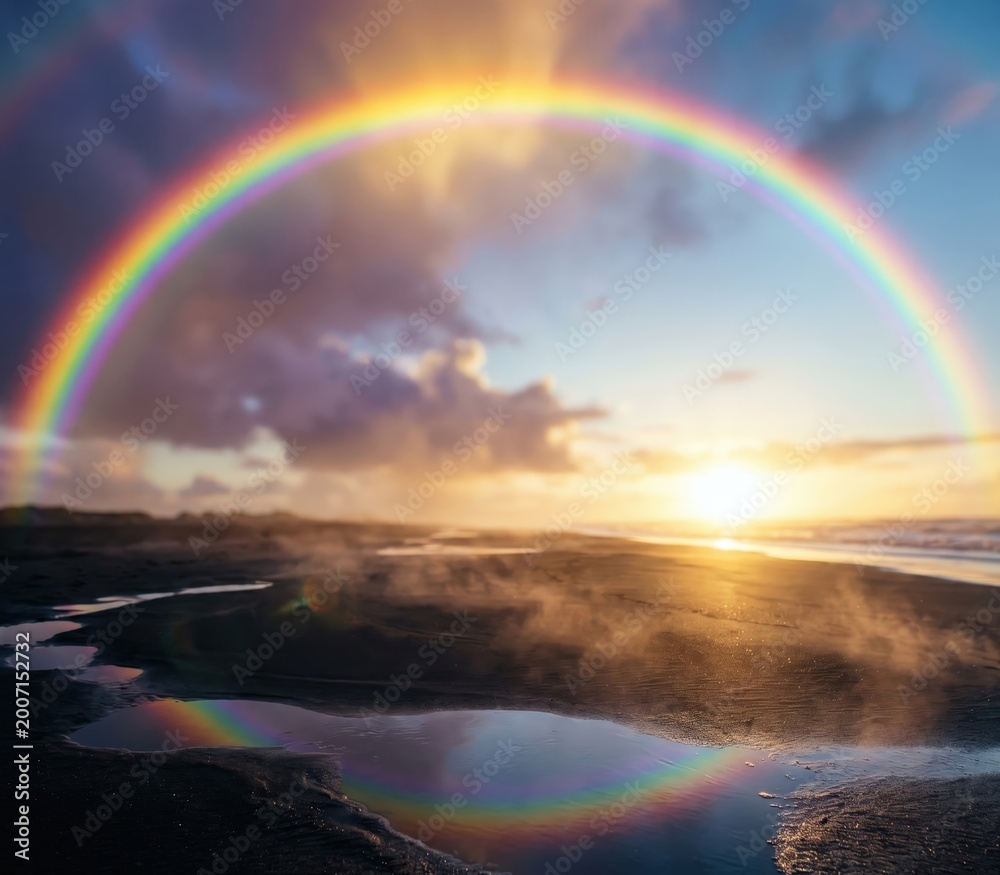 Obraz premium Rainbow Above Black Sand Beach – Tropical Monsoon Coastal Landscape