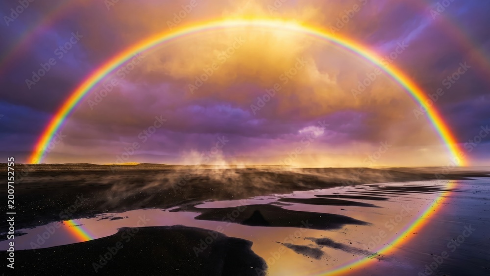 Obraz premium Rainbow Above Black Sand Beach – Tropical Monsoon Coastal Landscape