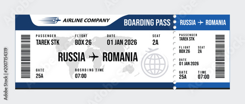 Foto White airline boarding pass for russia to romania flight with blue accents airli