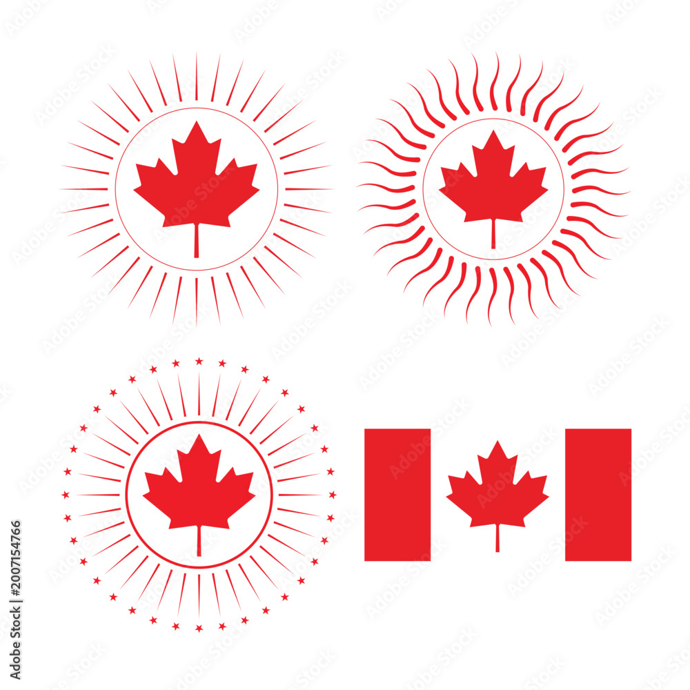 Fototapeta premium National patriotic Canada flag buttons and red maple leaf icons featuring the country symbol as a vector design illustration for North America nation banner signs