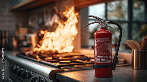 Fire extinguisher stands ready as a stove bursts into flames in a kitchen