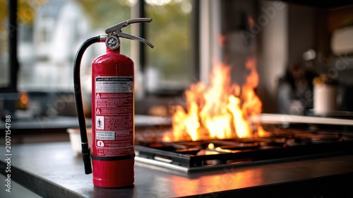Red fire extinguisher stands by a burning stove in a kitchen