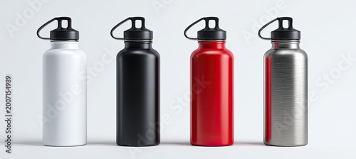 Four colorful metal water bottles with black caps and loops