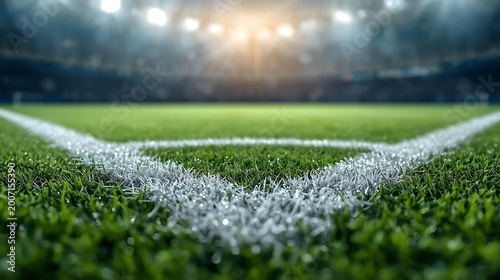 Macro perspective of a perfectly maintained football pitch, crisp chalk markings cutting across vibrant green grass, illuminated by diffused stadium lighting creates a dreamy, out-of-focus backdrop