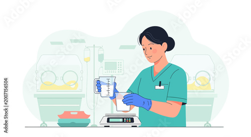Nurse Measuring Formula for Newborn in Incubator, Neonatal Intensive Care Unit